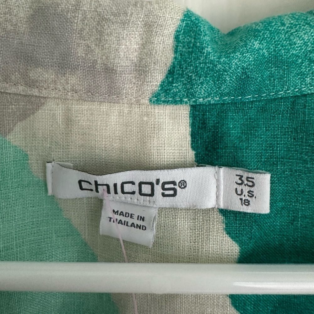 CHICO’S Size 3.5 US 18 No Iron Linen Print Button Back Tunic Top 3/4 Sleeves - Picture 2 of 4